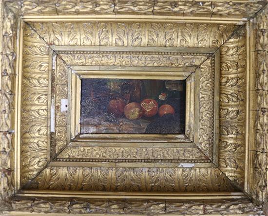 W. Morey, oil on wooden panel, still life of fruit on a ledge, signed and dated 1815, 7 x 13cm